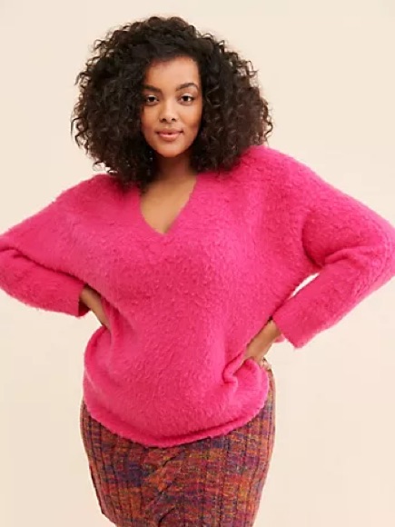 Maeve Anthropologie Teddy Fuzzy Plush V-Neck Sweater In Hot Pink